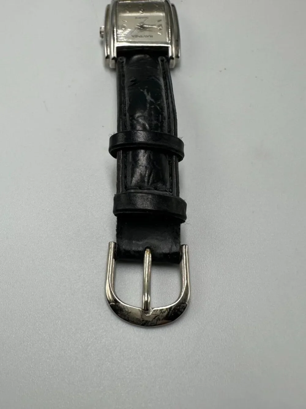 3/$30 Ravinia Watch Women Silver 21MM Rectangle Case Black Leather Band 7.5